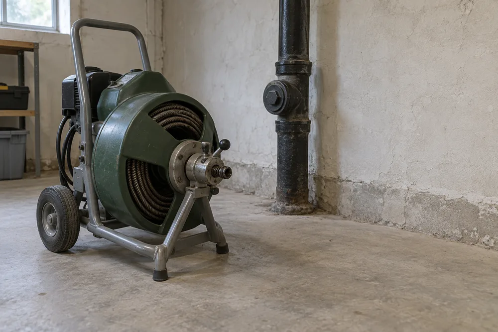 Inactive sewer rodding machine beside a capped cleanout
